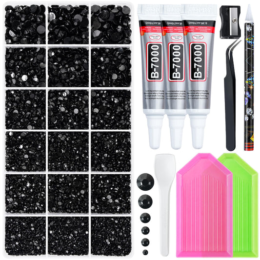 32000 Pcs Resin Jelly Rhinestones Kit, Black 2/3/4/5/6mm Flatback Rhinestones with 3 Pcs B7000 Jewelry Glue & Tools, All-in-One Bedazzling Kit for DIY Beauty and Personal Care LOTWOW Default Title