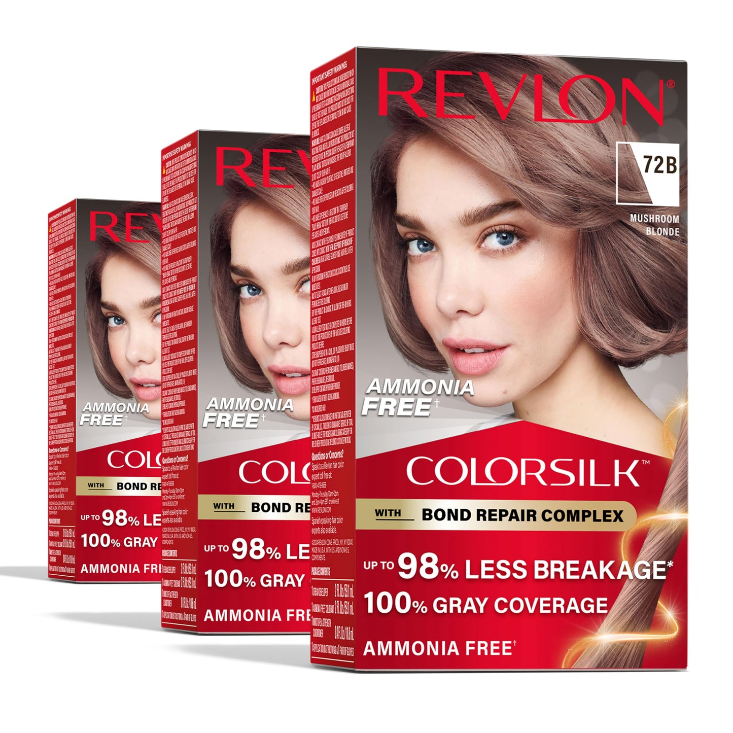 Revlon ColorSilk with Bond Repair Complex, Blonde Permanent Hair Color, 100% Gray Coverage, Ammonia Free Hair Dye, Vegan Keratin, 72B Mushroom Blonde