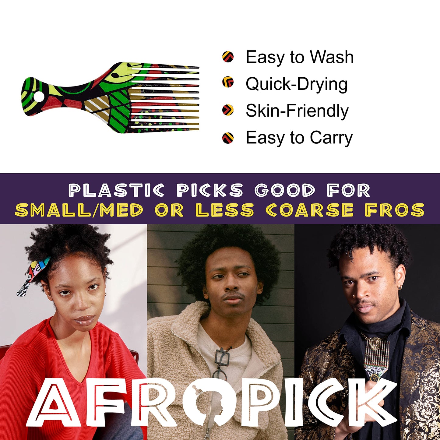 Afropick Anti-Static Plastic Black Hair Pick for Natural Curly Long Thick Hair- Afro Pick Comb for Men, Women- African Artist Designs (Harlem)