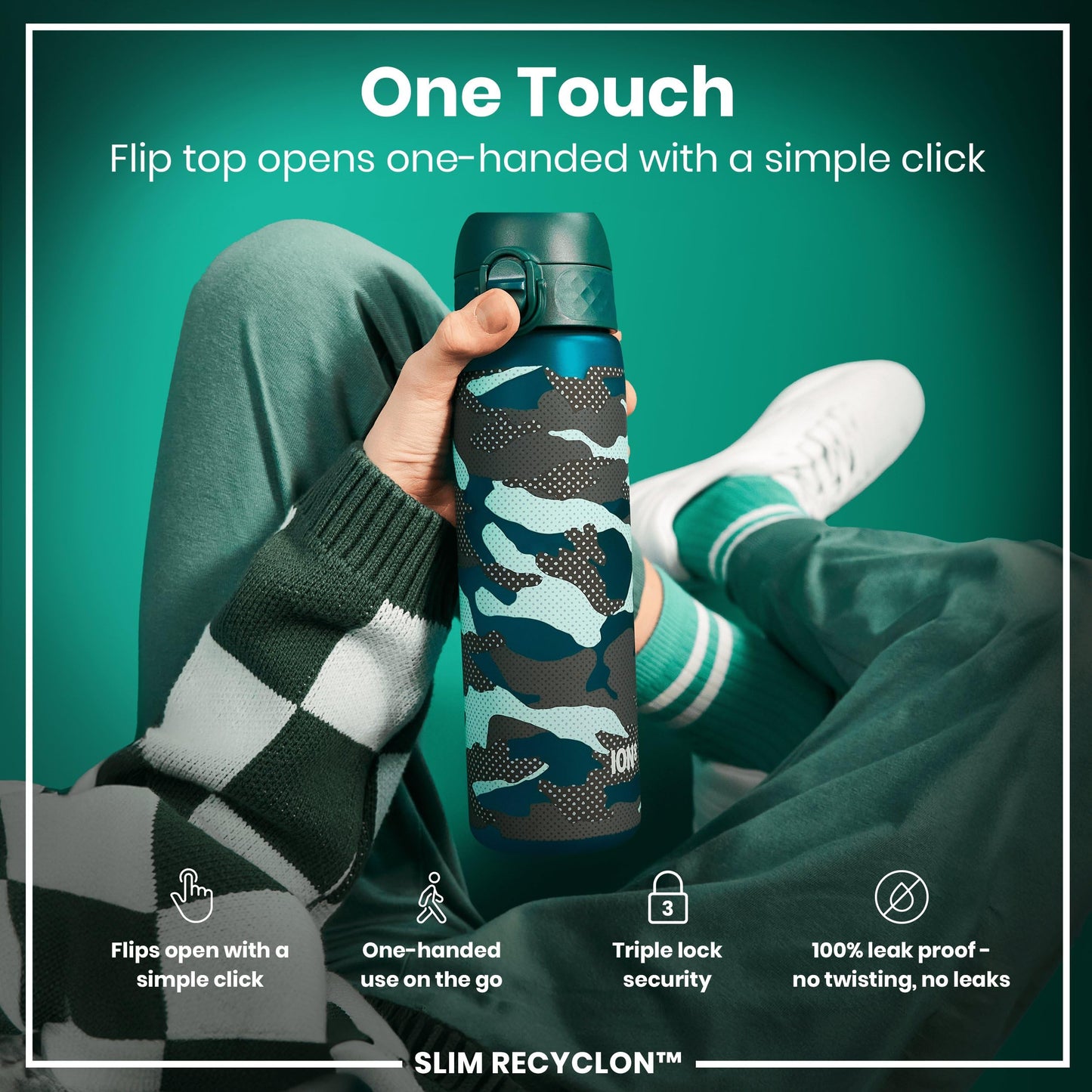ION8 Water Bottle, 500 ml/18 oz, Leak Proof, Easy to Open, Secure Lock, Dishwasher Safe, BPA Free, Flip Cover, Carry Handle, Fits Cup Holders, Easy