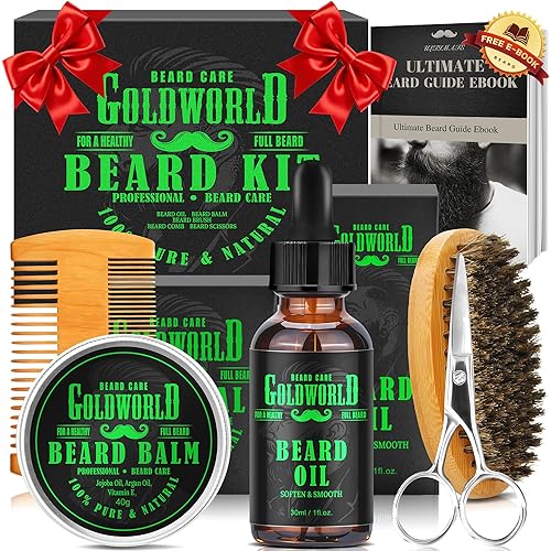 Beard Kit Beard Grooming Kit w/Beard Oil Balm Brush Comb Scissor e-Book Christmas Stocking Stuffers Gifts Ideas for Men Him Dad Boyfriend Husband Mens