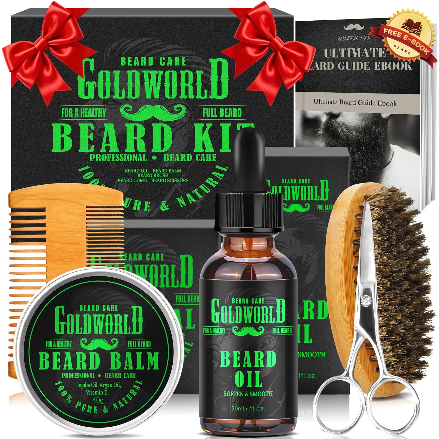 Beard Kit Beard Grooming Kit w/Beard Oil Balm Brush Comb Scissor e-Book Christmas Stocking Stuffers Gifts Ideas for Men Him Dad Boyfriend Husband Mens
