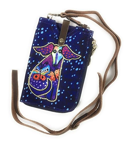 Laurel Burch Crossbody Cell Phone Purse - Women Cotton Canvas Multicolor Handbag with Genuine Leather Adjustable Strap (F. Pup & Butterflies)