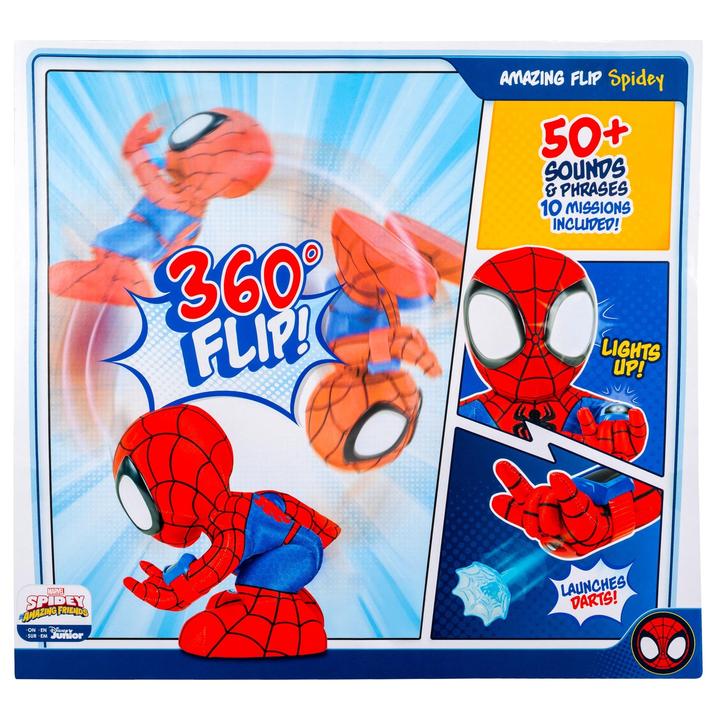 Marvel Spidey and His Amazing Friends Amazing Flip Spidey - 12-Inch Animatronic Plush with Lights, Sounds, and Web Dart Launcher