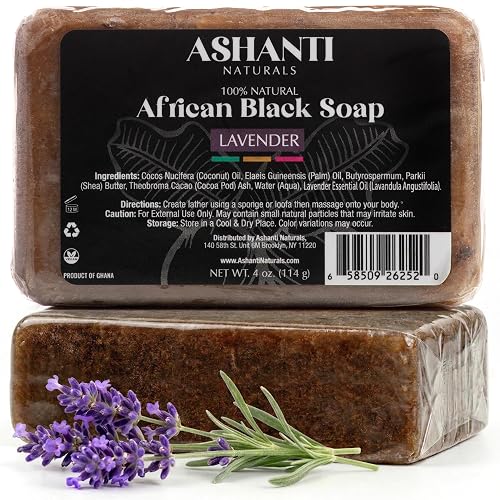 Ashanti Naturals African Black Soap Bar | Scented Natural Black Soap with Raw Shea Butter and Coconut Oil - 2pk 4oz Bars (Lavendar)