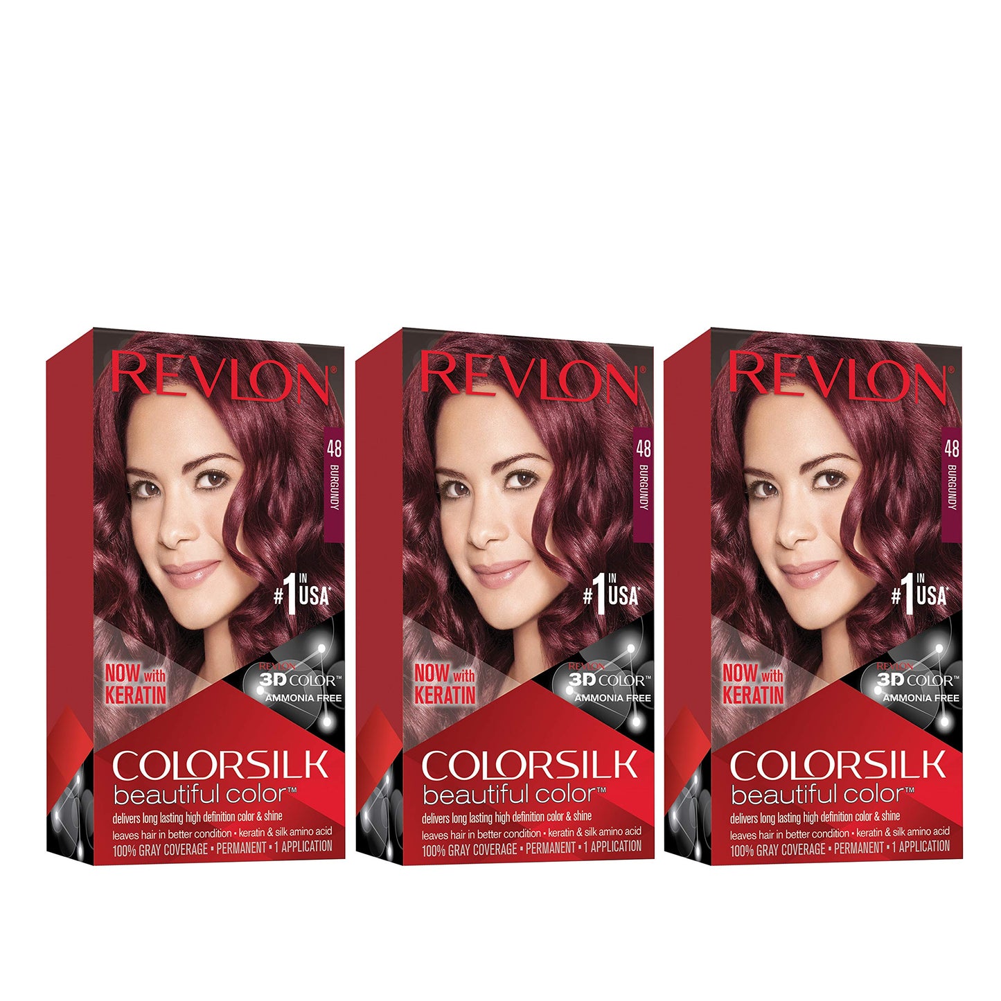 Revlon Permanent Hair Color, Permanent Hair Dye, Colorsilk with 100% Gray Coverage, Ammonia-Free, Keratin and Amino Acids, 48 Burgandy, 4.4 Oz (Pack