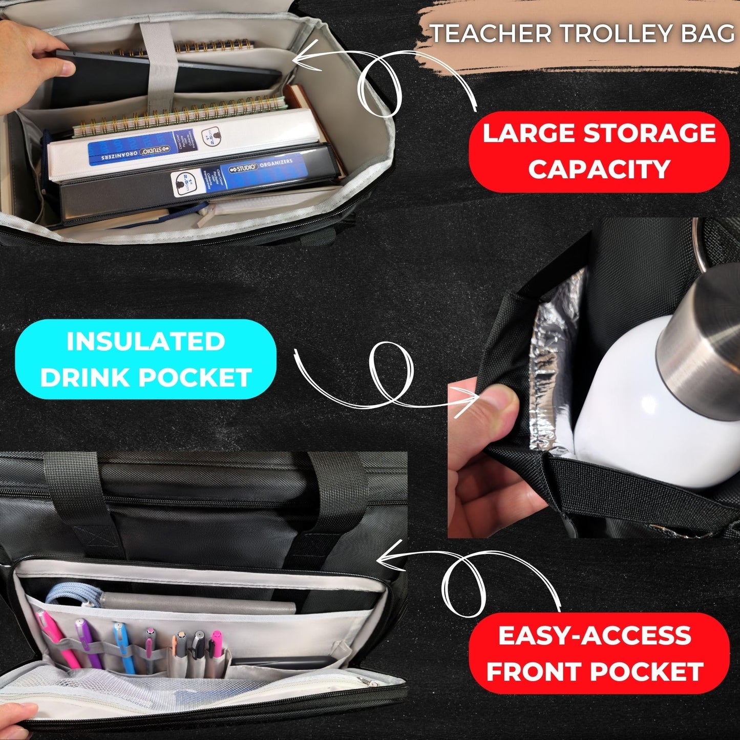 DERABY Rolling Teacher Tote Bag with wheels and Laptop Compartment, Wheeled Teacher Bag for Teaching, Detachable Trolley, Office, Craft, Black