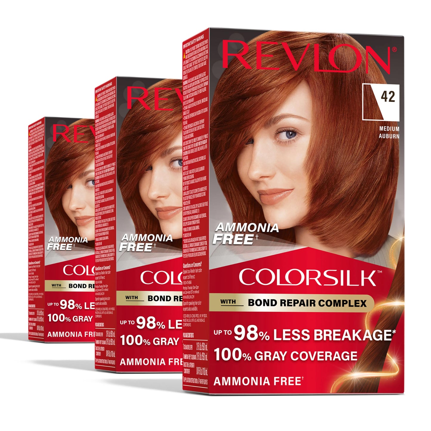 Revlon ColorSilk with Bond Repair Complex, Auburn Permanent Hair Color, 100% Gray Coverage, Ammonia Free Hair Dye, Vegan Keratin, 42 Medium Auburn
