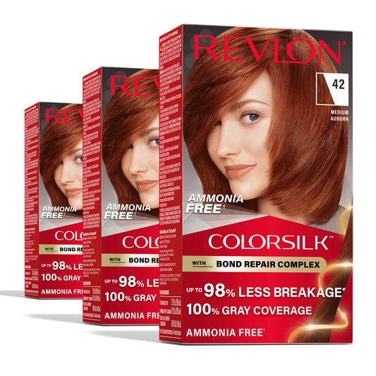 Revlon ColorSilk with Bond Repair Complex, Auburn Permanent Hair Color, 100% Gray Coverage, Ammonia Free Hair Dye, Vegan Keratin, 42 Medium Auburn