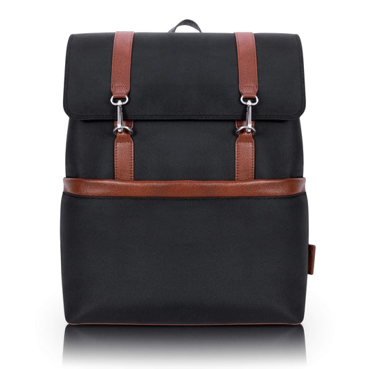 McKleinUSA Element, 1680D Ballistic Nylon with Leather Trim, 17" Nylon, Two-Tone, Flap-Over, Laptop & Tablet Backpack, Black (78475)