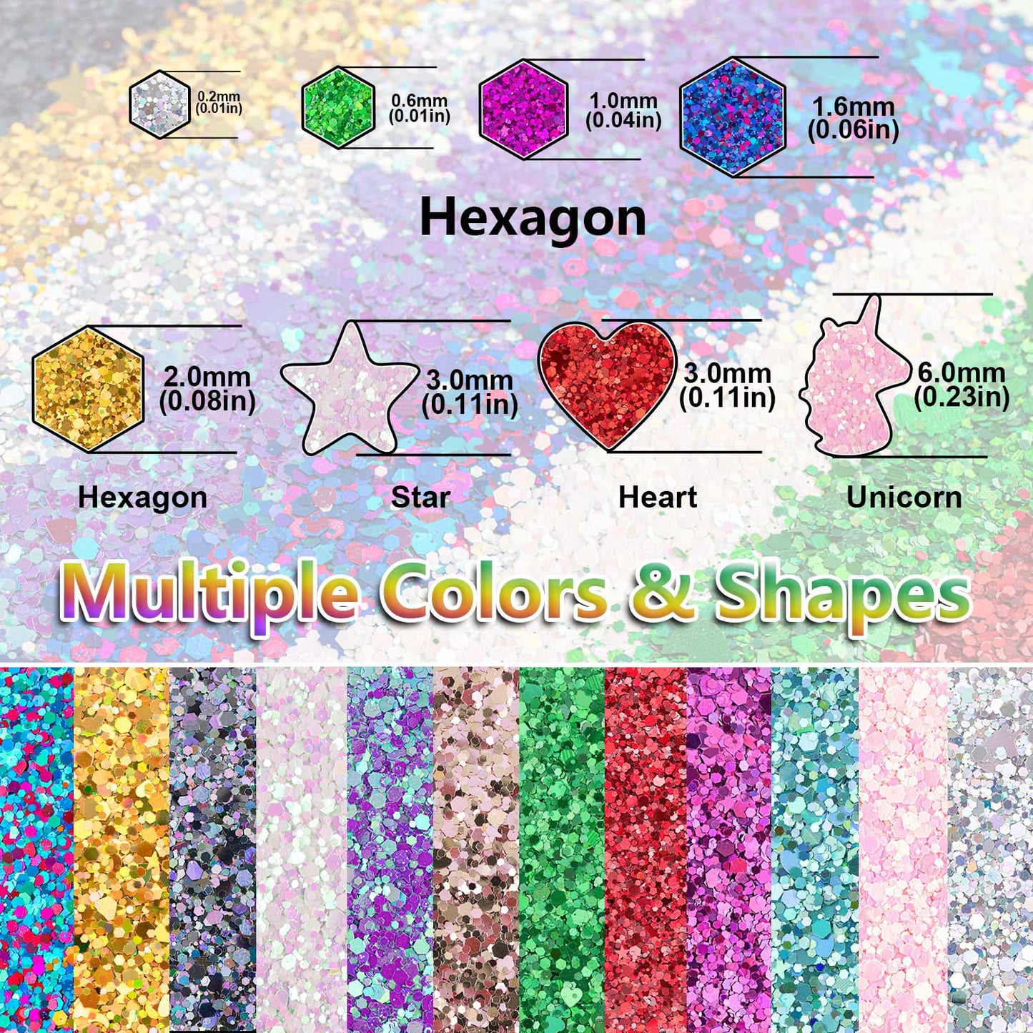 12 Colors of Holographic Chunky Glitter with Quick Dry Glue, 12 Pots Total 120g Multi-Shaped for Body Hair Face Eyes Make-up, Nail Art and Bedazzling
