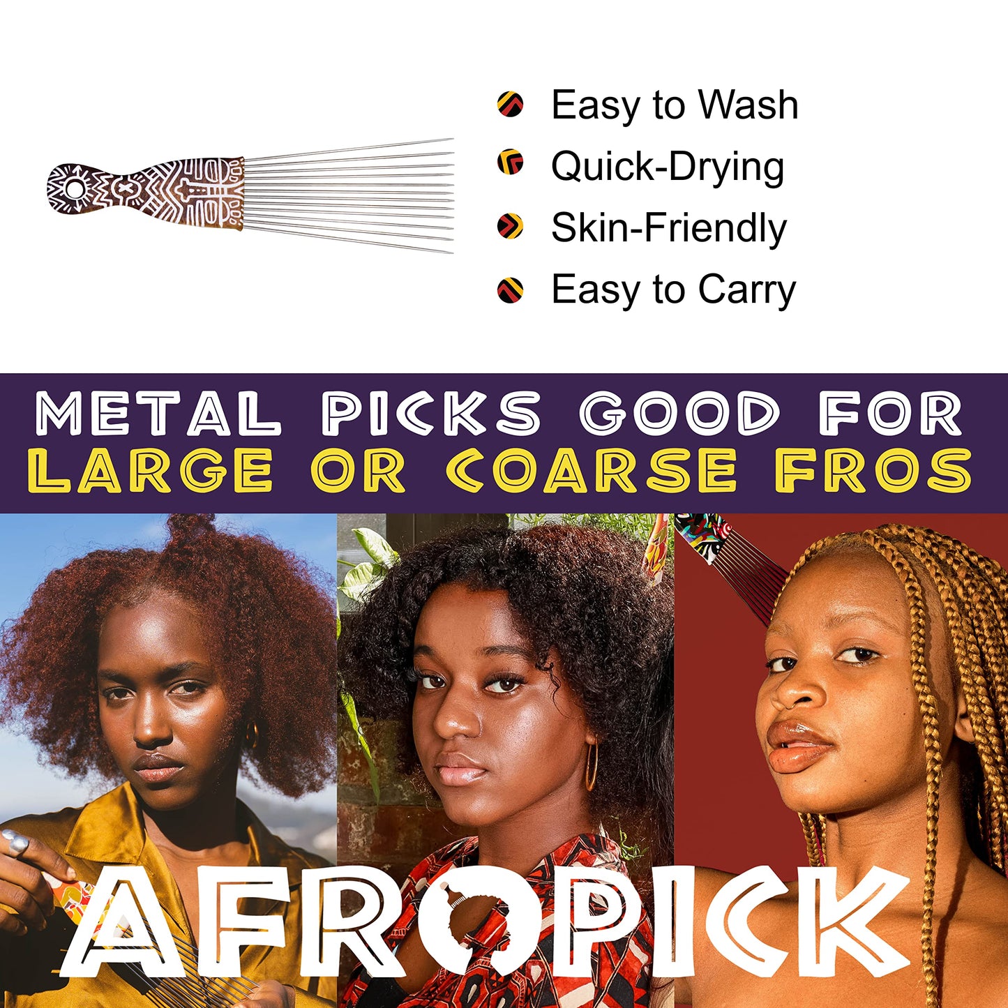 Afropick Metal Black Hair Pick for Natural Curly Long Thick Hair- Afro Pick Comb for Men, Women- African Artist Designs IMPROVED 2.0 (Ori)