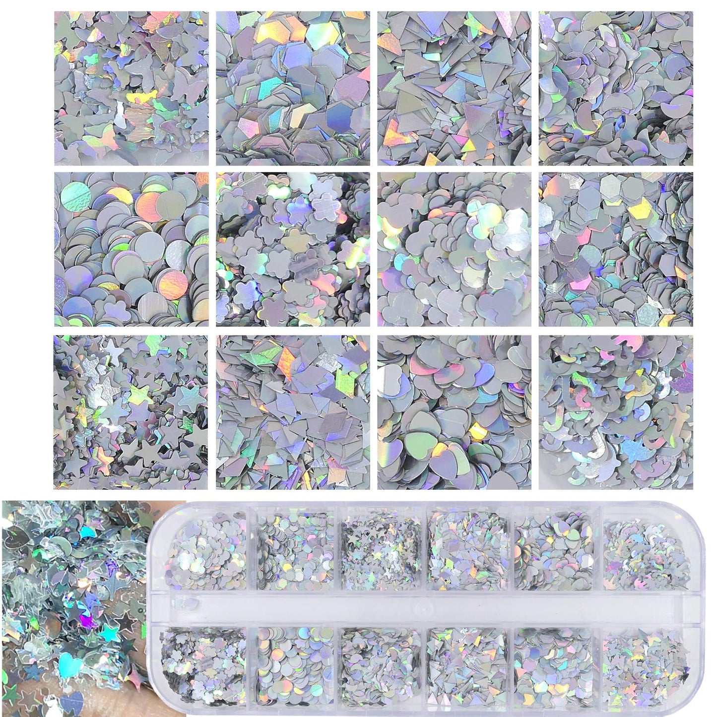 AddFavor 4 Boxes Holographic Nail Sequins Shapes Mixed Iridescent Nail Glitter Flakes Butterfly Hearts Star DIY Design Manicure Decorations Sets