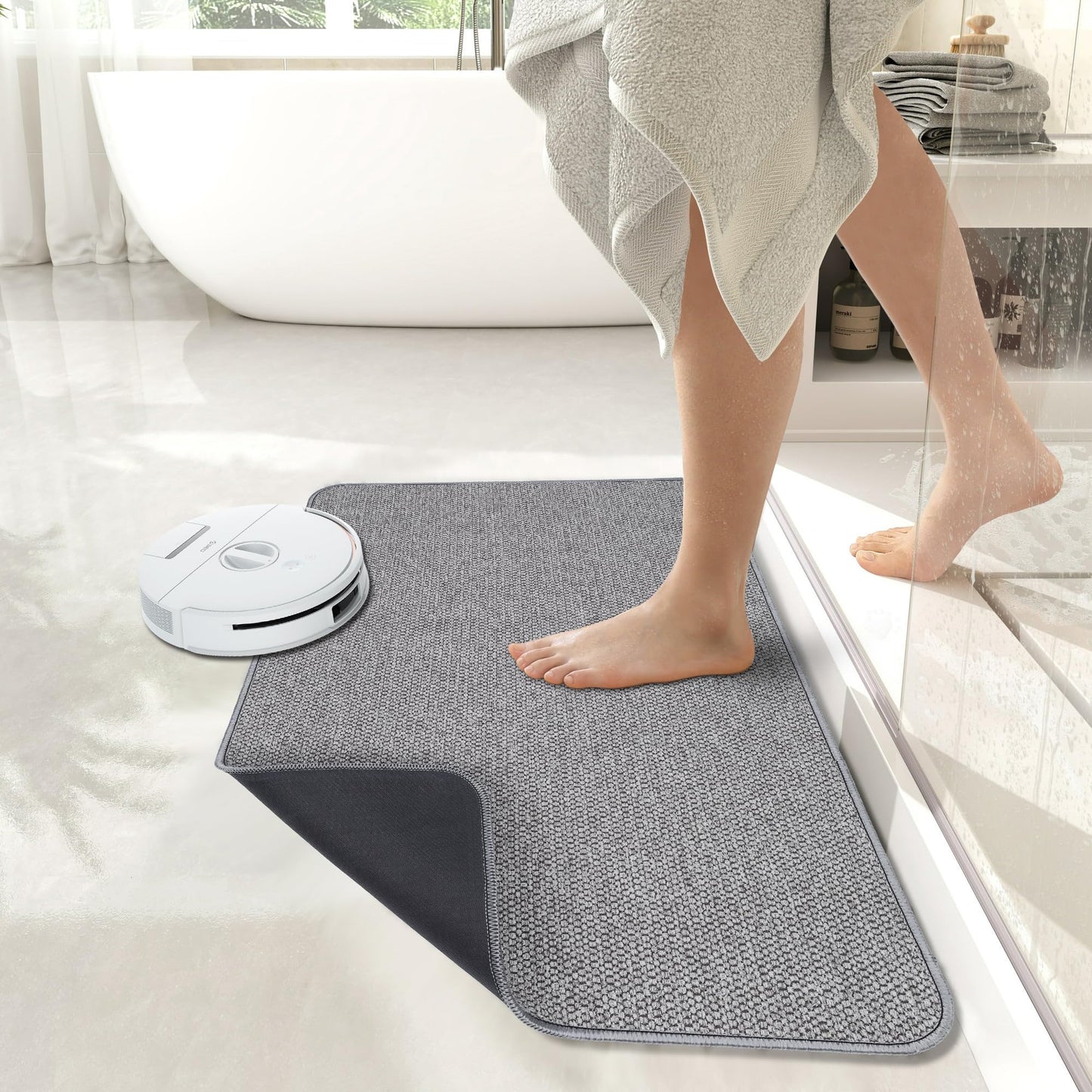 Ultra Thin Bath Mat – Non-Slip, Quick Dry, Absorbent Rubber Bathroom Rug, Machine Washable – Grey, 17x27 Inch, Low Pile