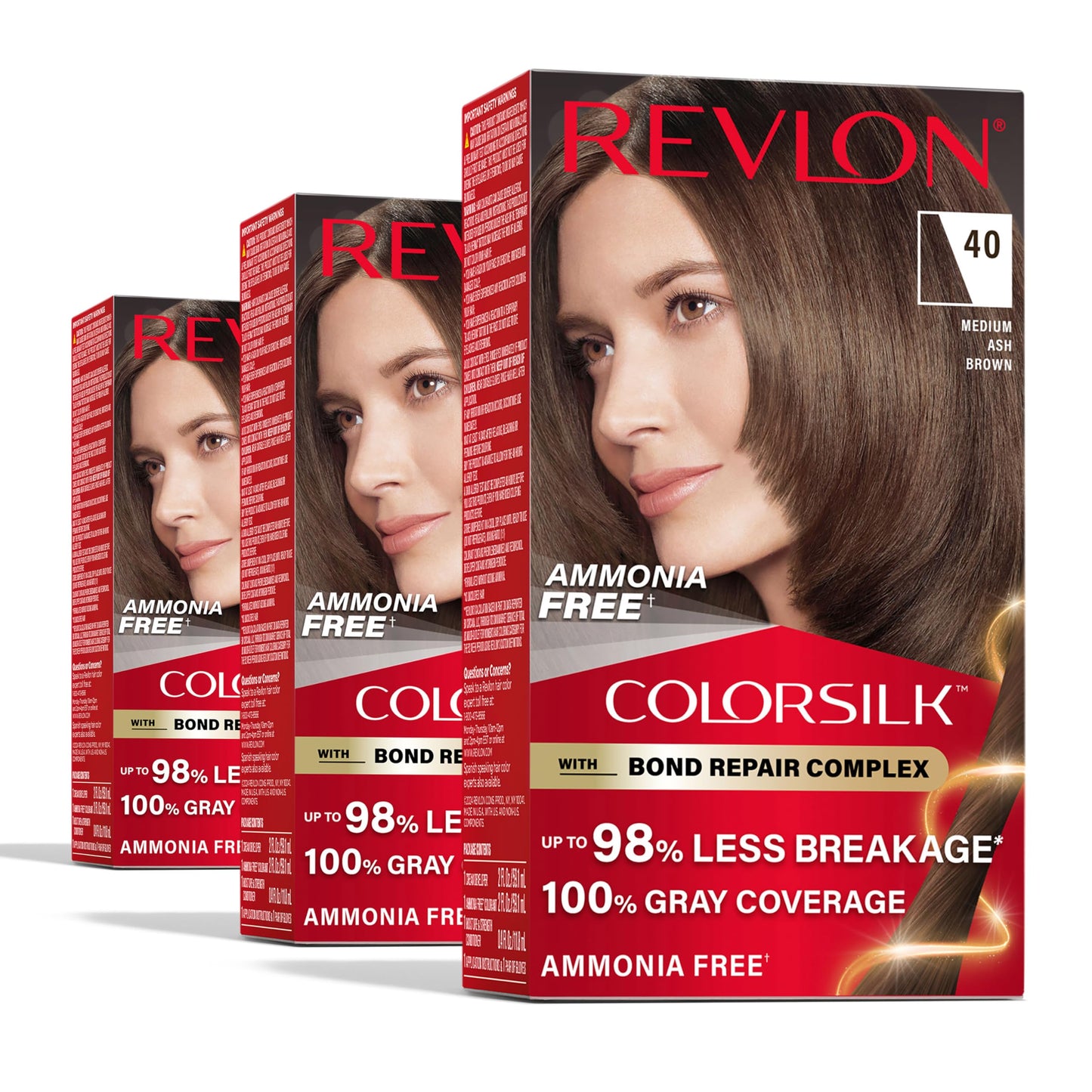Revlon ColorSilk with Bond Repair Complex, Brown Permanent Hair Color, 100% Gray Coverage, Ammonia Free Hair Dye, Vegan Keratin, 40 Medium Ash Brown