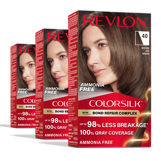 Revlon ColorSilk with Bond Repair Complex, Brown Permanent Hair Color, 100% Gray Coverage, Ammonia Free Hair Dye, Vegan Keratin, 40 Medium Ash Brown