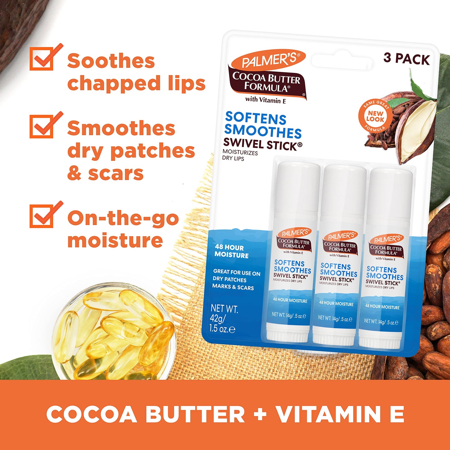 Palmer's Cocoa Butter Formula Moisturizing Swivel Stick, Pack of 3 | Vitamin E Lip Balm for Beach Bag, Multi-Purpose Face & Body Moisturizer Stick