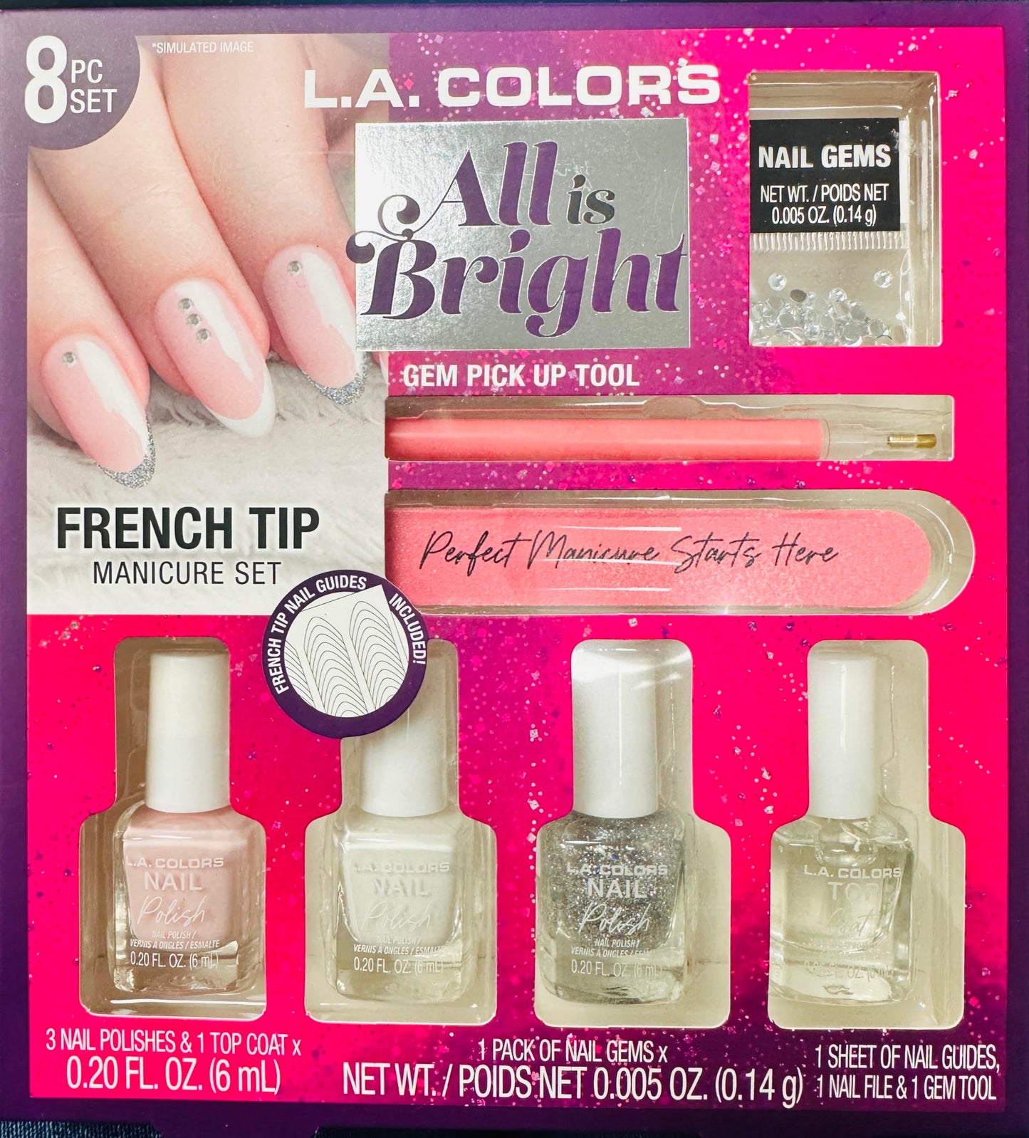 L.A. Colors All Is Bright 8pc French Tip Mancure Set, Gem Pick UP Tool, Nail Gems, French Tip Nail Guide, Beige Beauty & Personal Care L.A. COLORS