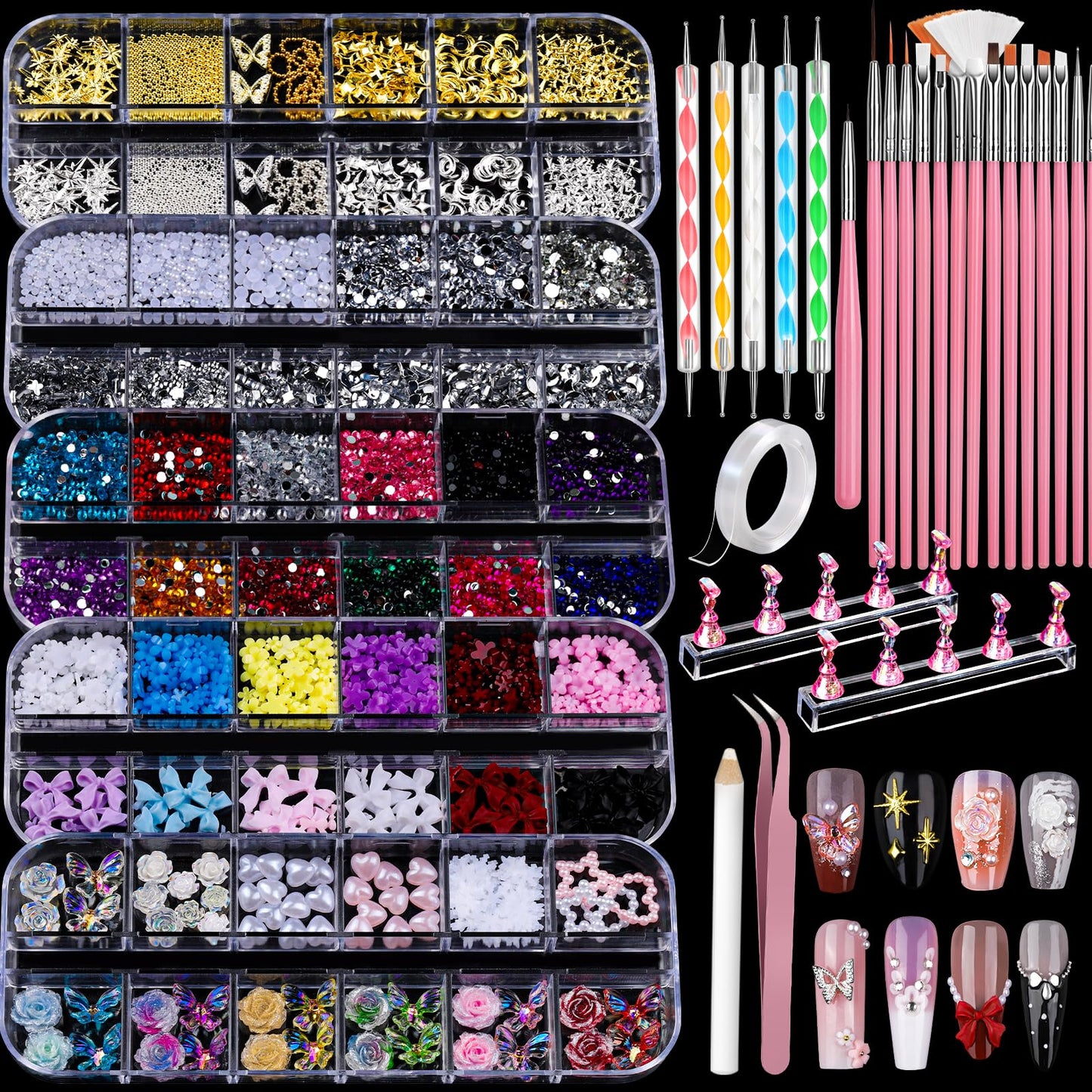 Teenitor Nail Charms and Nail Art Tools Set, Nail Art Kit with 5 Boxes of 3D Nail Charms and Gems Rhinestones, 15 Pcs Nail Art Brushes, 5 Pcs Nail Beauty and Personal Care Teenitor