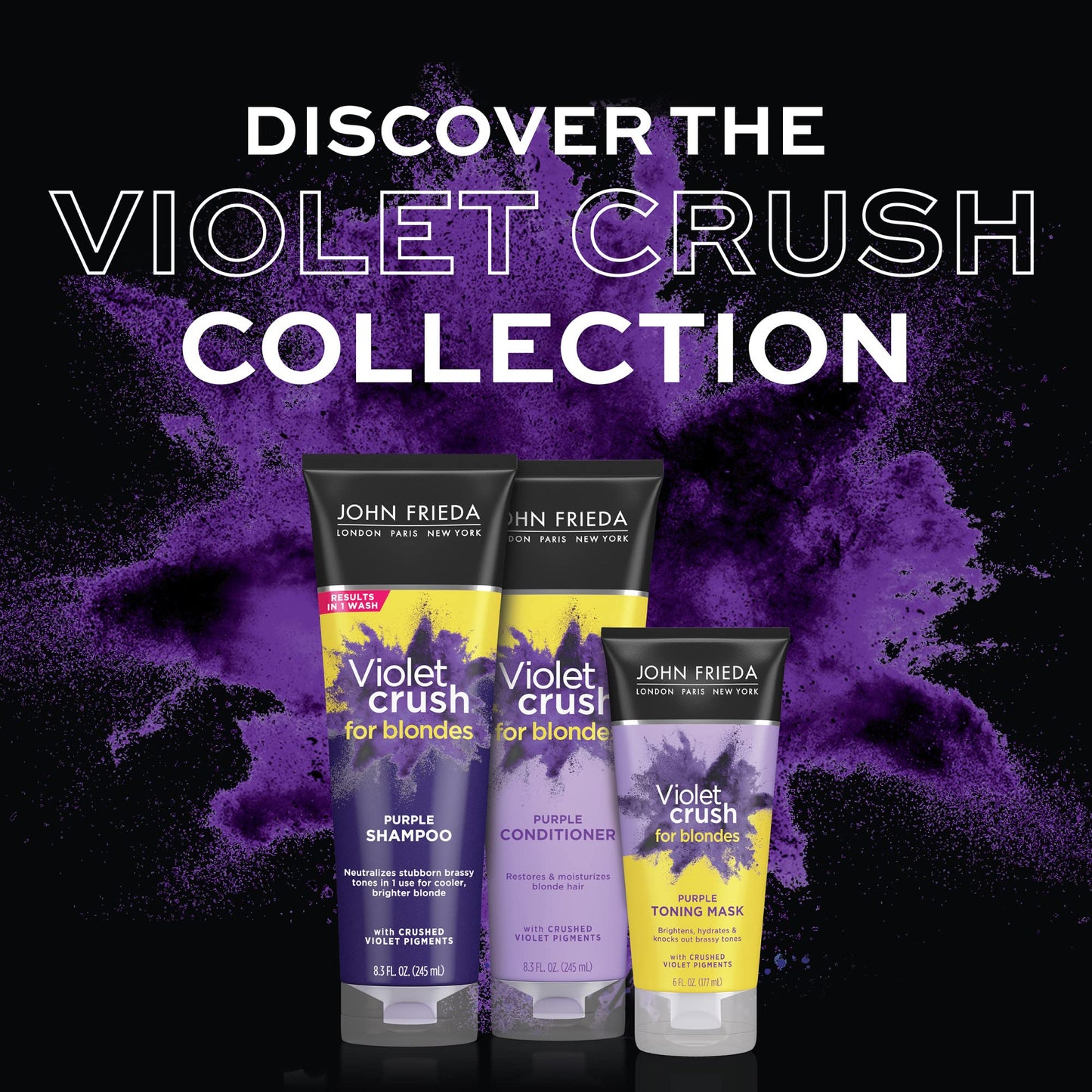 John Frieda Violet Crush Purple Toning Mask, Removes Brassy Tones, Smooths Damaged Hair Cuticles for Cooler, More Luminous, Salon-Fresh Blonde. Safe