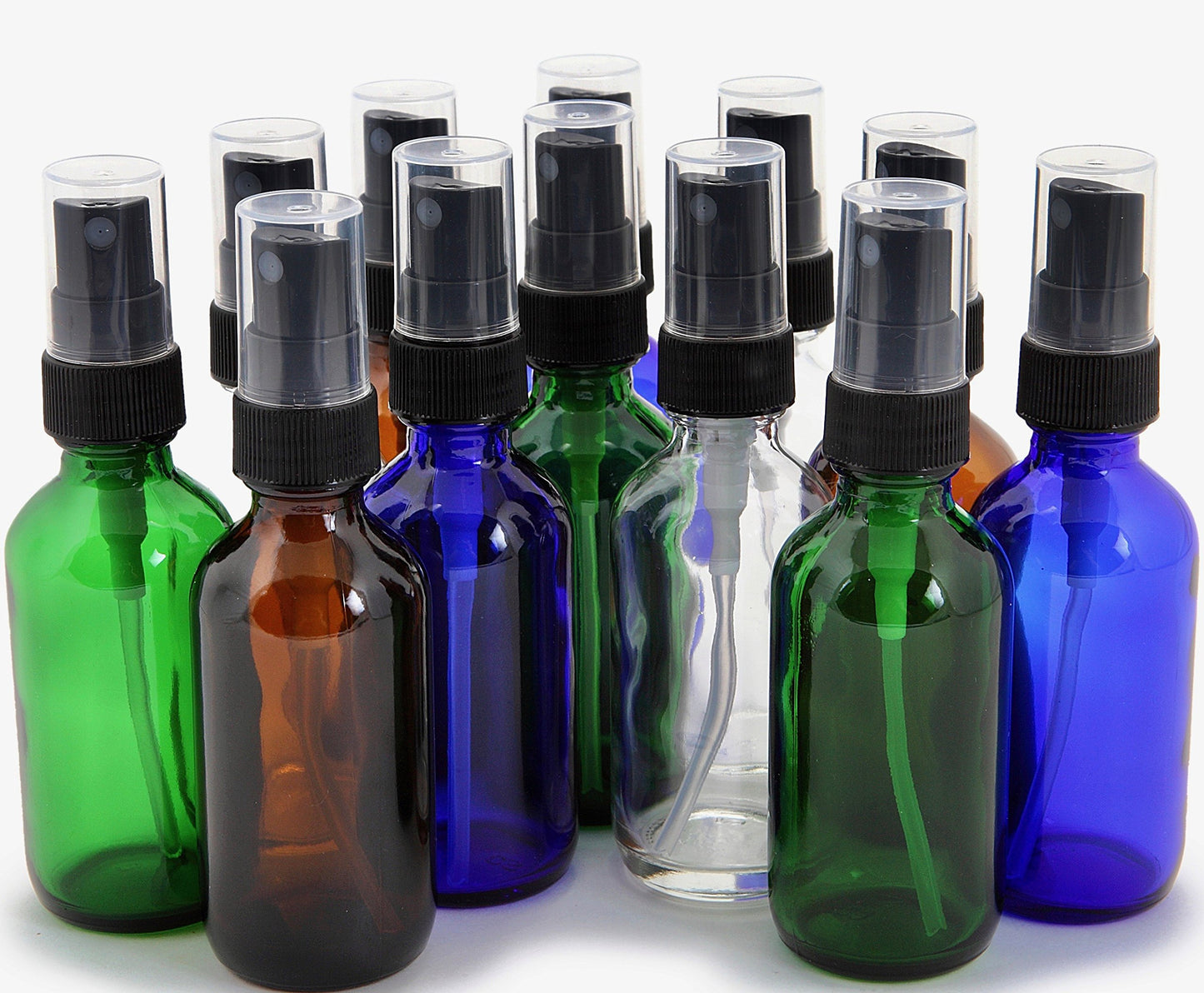 Vivaplex, 12, Assorted Colors, 2 oz Glass Bottles, with Black Fine Mist Sprayers