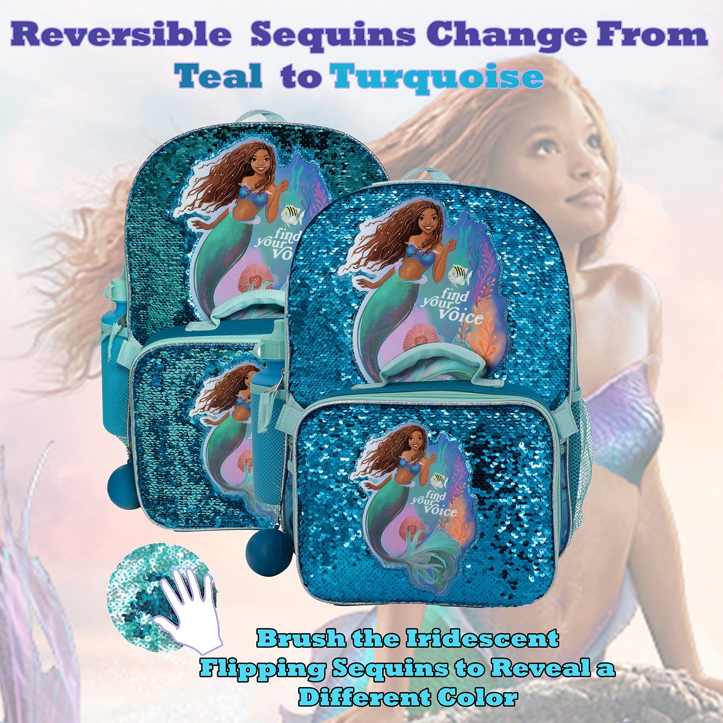 Disney The Little Mermaid Movie 4 Piece Backpack Set, Flip Sequin School Bag for Girls with Front Zip Pocket, Green
