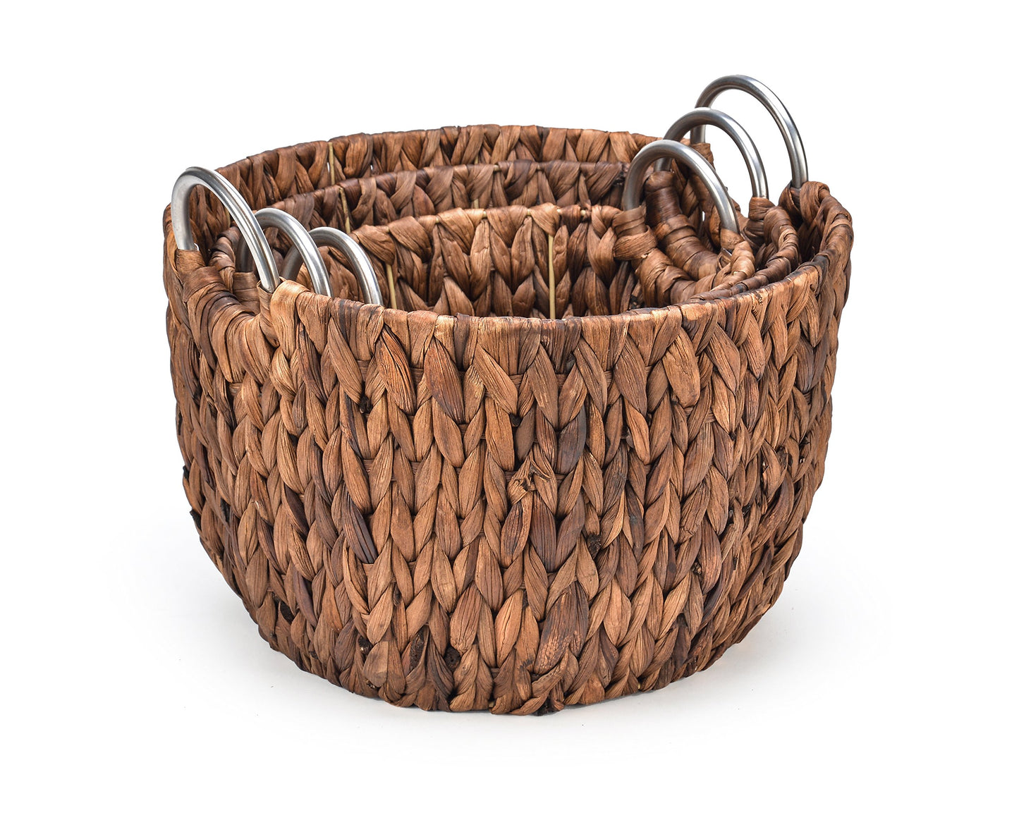 Trademark Innovations Set of 3 Round Hyacinth Baskets with Stainless Steel Handles-Rich Chocolate Finish