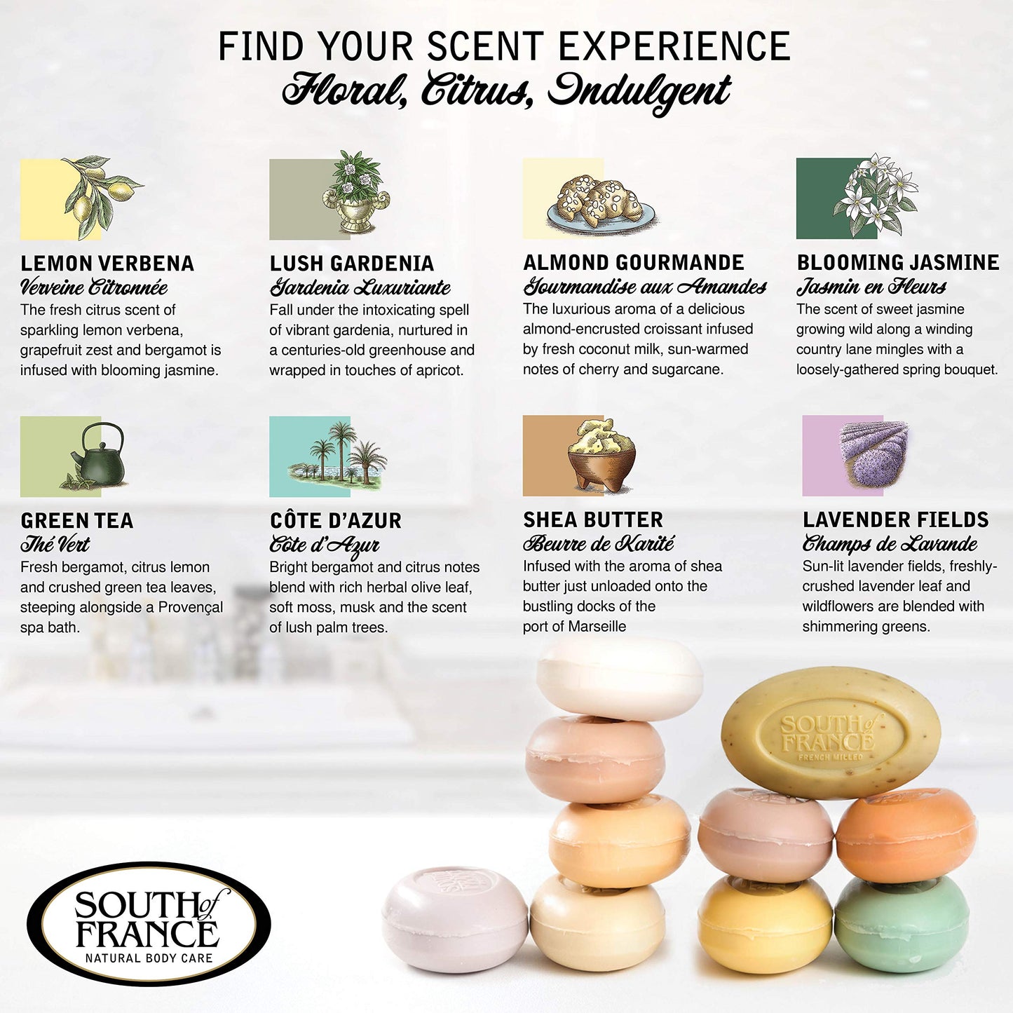 South Of France Natural Body Care Triple Milled Large 6OZ Bar Soap (Variety Pack 1, 8 Bars)