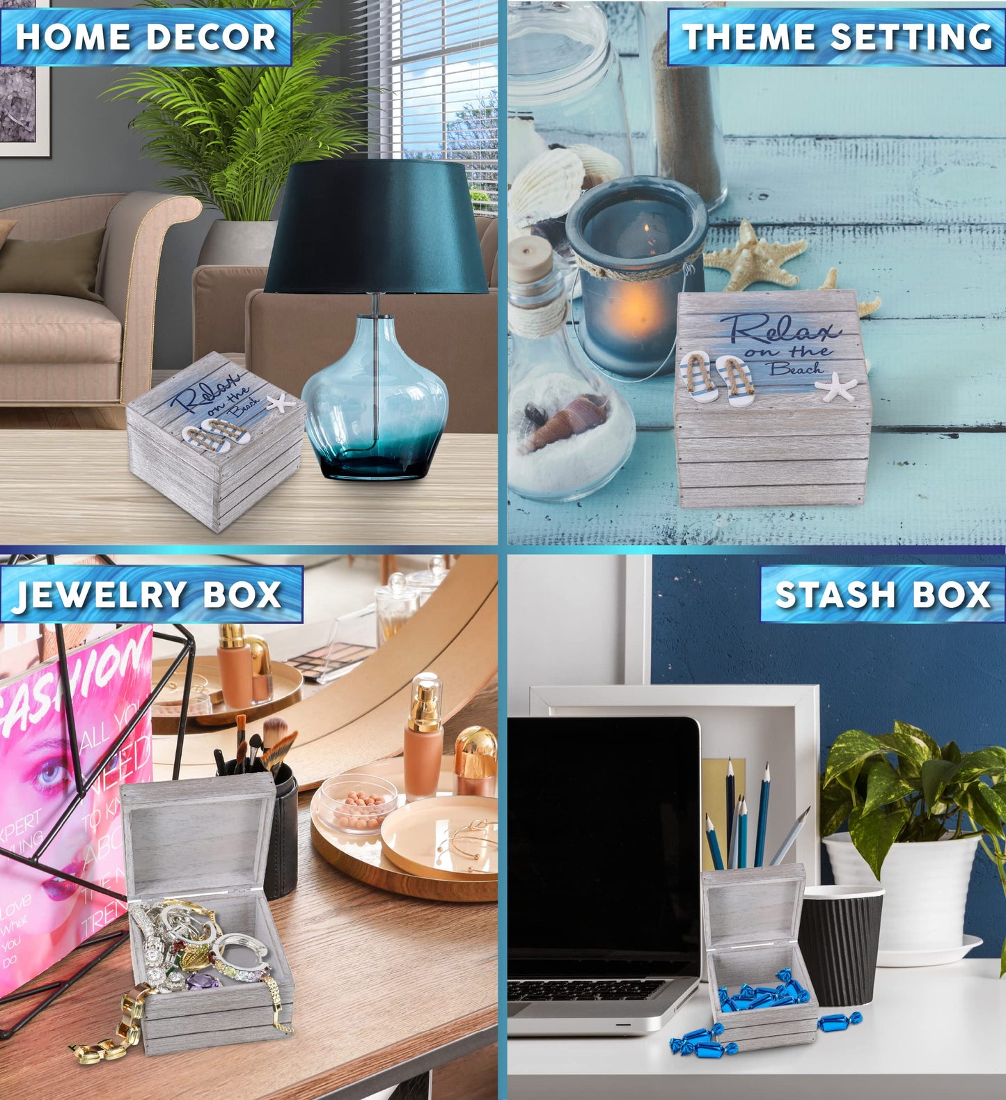 CoTa Global Aqua Sky Relax Wooden Box - Large Handcrafted Nautical Trinket with Sandals and Starfish Decoration, Accent Tabletop Home Decor, Beach…