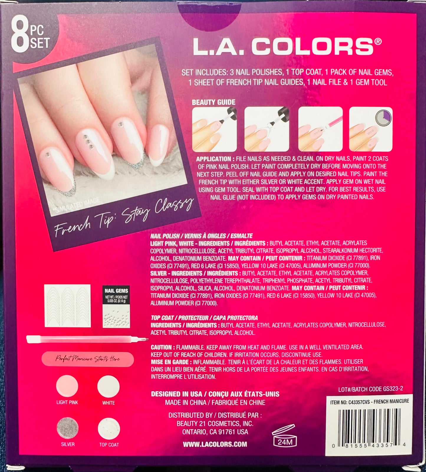 L.A. Colors All Is Bright 8pc French Tip Mancure Set, Gem Pick UP Tool, Nail Gems, French Tip Nail Guide, Beige Beauty & Personal Care L.A. COLORS