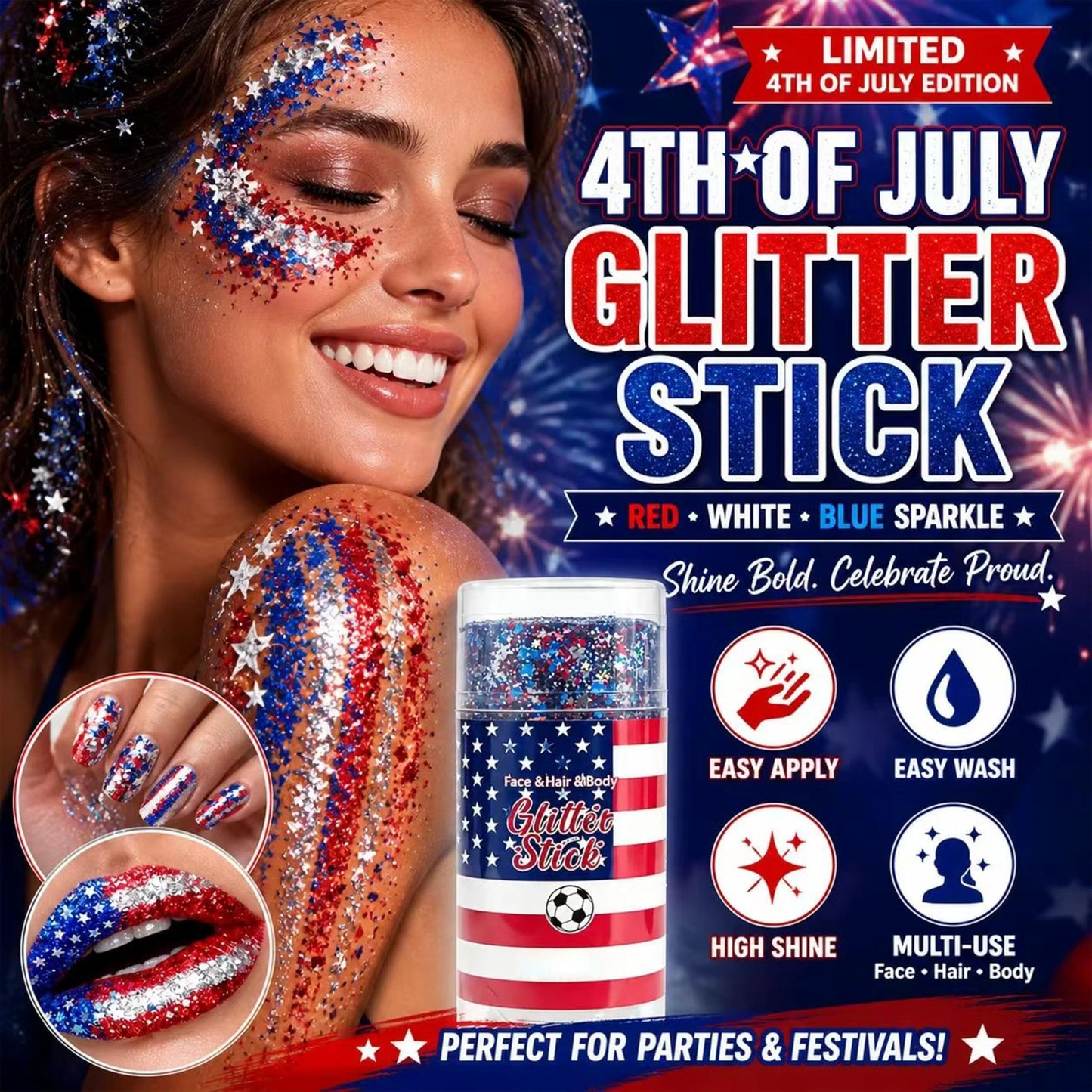 Red, White & Blue Body & Hair Sparkle, 4th of July Outfits and 250th Anniversary Accessories, Waterproof Sparkling Face Hair Glitter for Independence