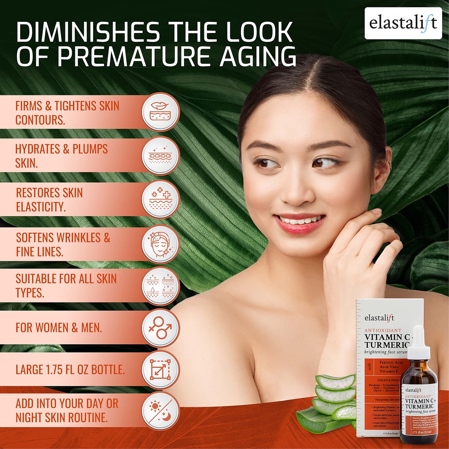 Elastalift Concentrated Vitamin C + Turmeric Oil Anti Aging Facial Serum Skin Care Booster - Promote Clear & Brighten Skin Tone - Hydrate Dry Skin