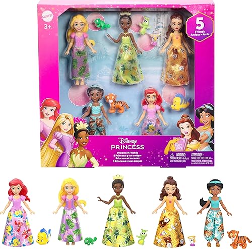 Mattel Disney Princess & Friends Set with 5 Posable Small Dolls in Removable Skirts or Pants & 5 Friend Figures, Inspired by The Disney Movies