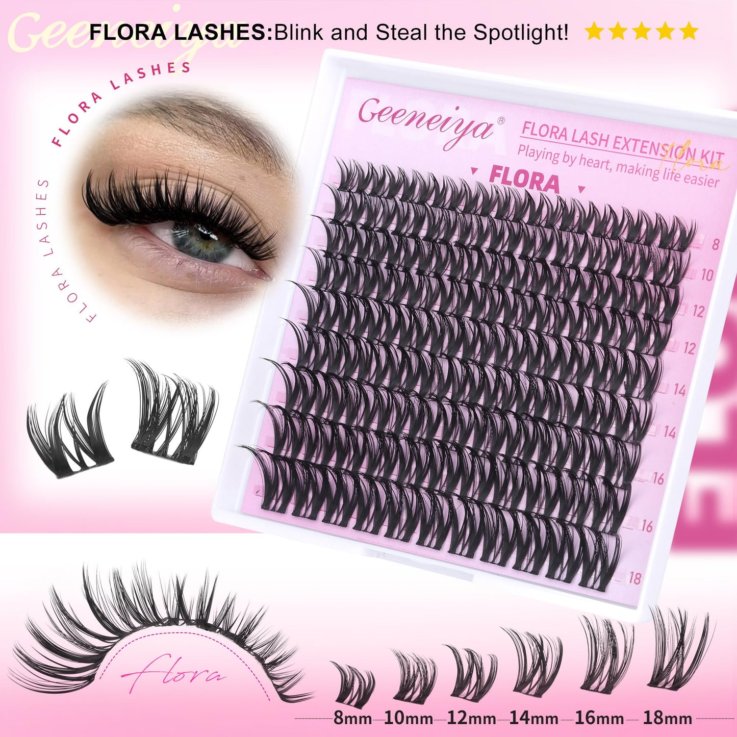 Geeneiya FLORA Lash Clusters, 8-18MM Wispy Eyelash Clusters, Natural Cluster Lashes for Beginners, Waterproof Cluster Eyelash Extensions DIY Lashes Beauty and Personal Care Geeneiya