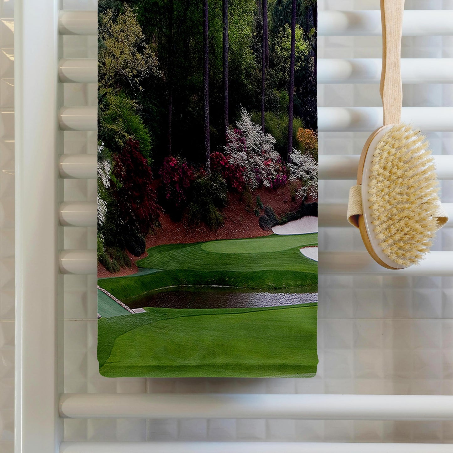 3D Rose Augusta's Amen Corner Golf Course-Golfers On Bridge Towel, 15" x 22", White