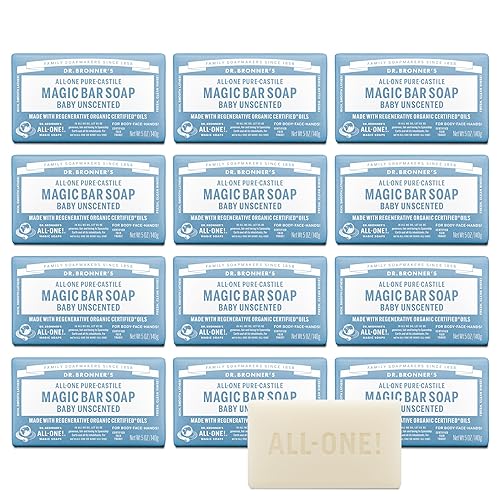 Dr. Bronner's Pure-Castile Magic Bar Soap (Baby Unscented, 5 Ounce, 12-Pack) - Made with Regenerative Organic Certified Oils, Gentle for Sensitive