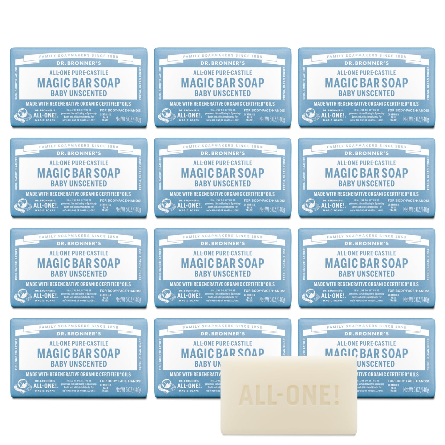 Dr. Bronner's Pure-Castile Magic Bar Soap (Baby Unscented, 5 Ounce, 12-Pack) - Made with Regenerative Organic Certified Oils, Gentle for Sensitive