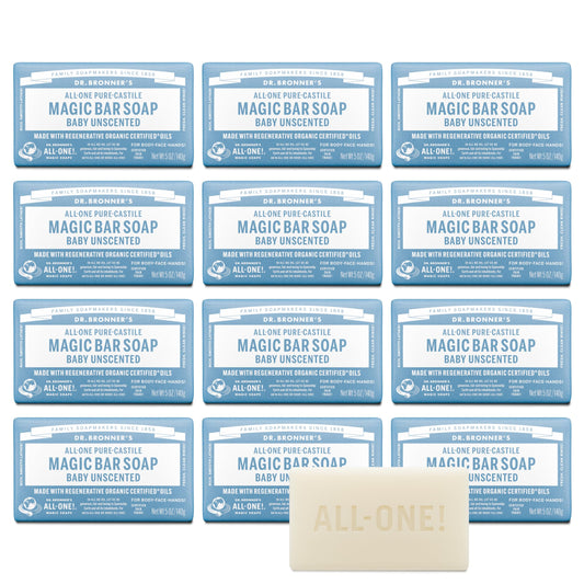 Dr. Bronner's Pure-Castile Magic Bar Soap (Baby Unscented, 5 Ounce, 12-Pack) - Made with Regenerative Organic Certified Oils, Gentle for Sensitive