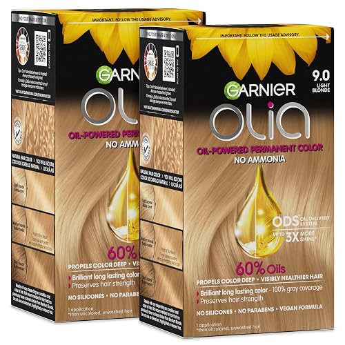 Garnier Olia Hair Color, Ammonia-Free Permanent Hair Dye, Oil-Powered Formula for 100% Gray Coverage and 3x Shinier Hair, Vegan & Cruelty Free, 9.0
