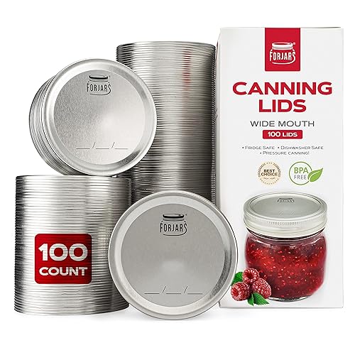 FORJARS - Wide Mouth Canning Lids, 100-Pack - Create Airtight Seals on Mason Jars to Preserve Food for Meal Prep & Emergency Food Storage - 3.4 In.…