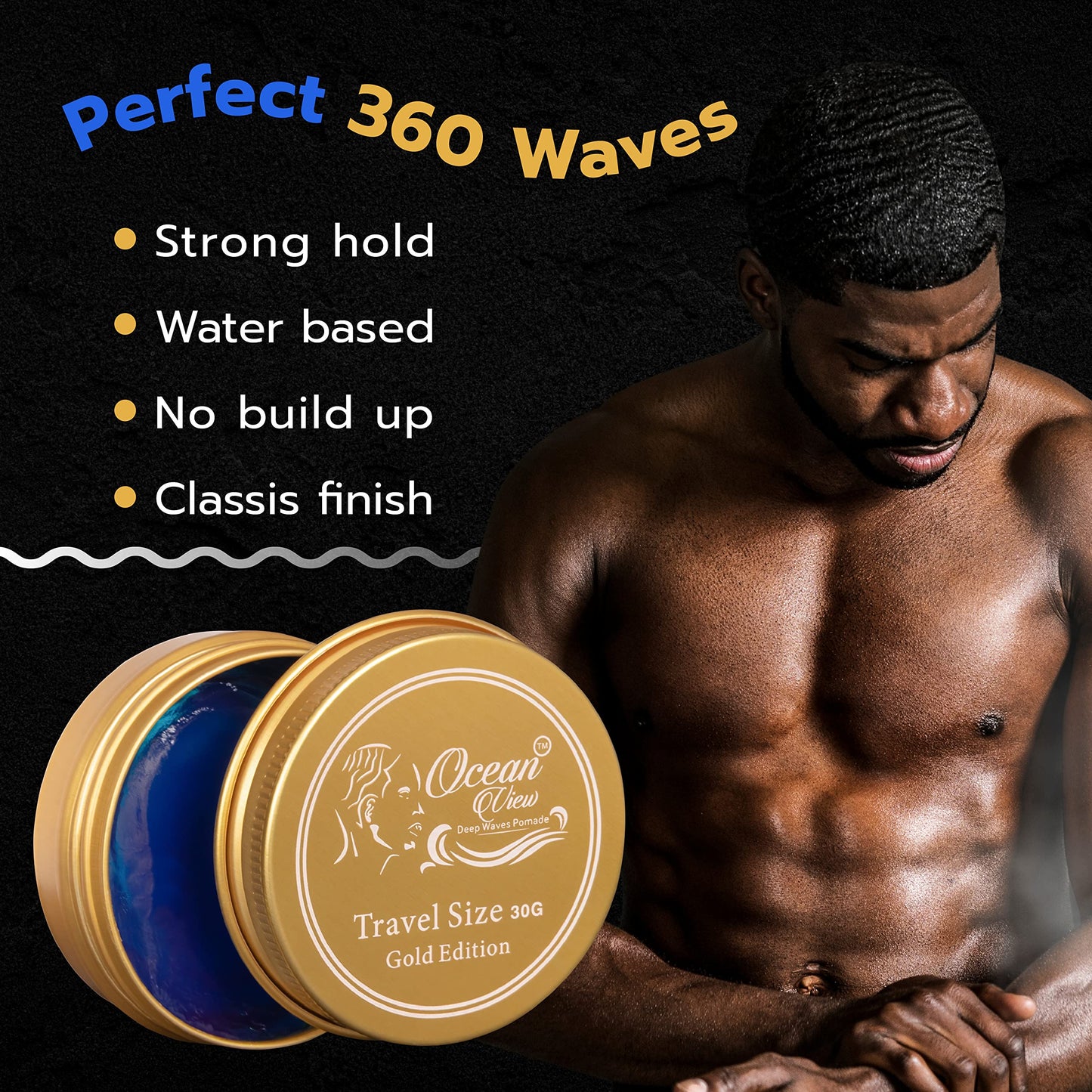 OCEAN VIEW DEEP WAVES POMADE, Gold Edition 360 Wave Grease for Men Moisturizes, Controls and Styles Black Hair - Water Based Wave Builder Pomade