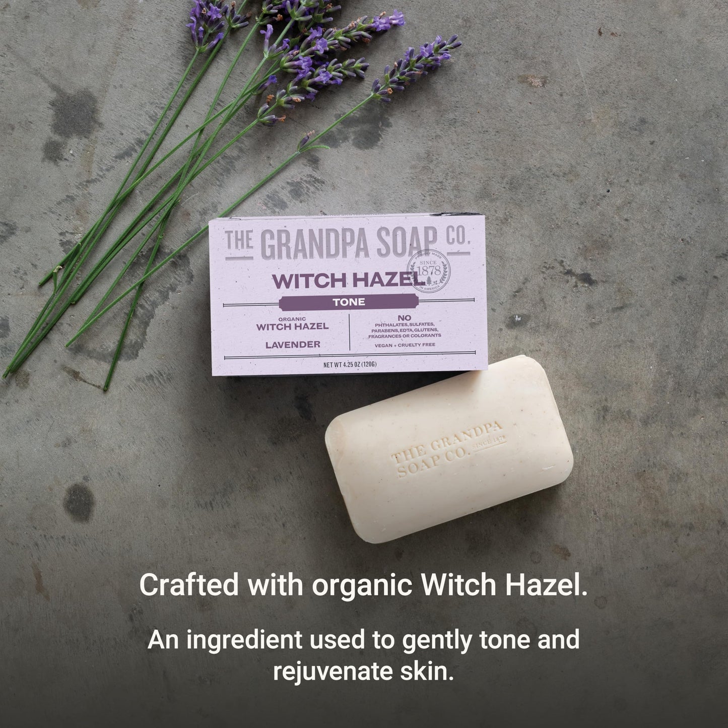 The Grandpa Soap Company Witch Hazel Bar Soap - Gently Tones Skin, With Witch Hazel and Lavender, Provides a Relaxing Effect, Vegan, For Face
