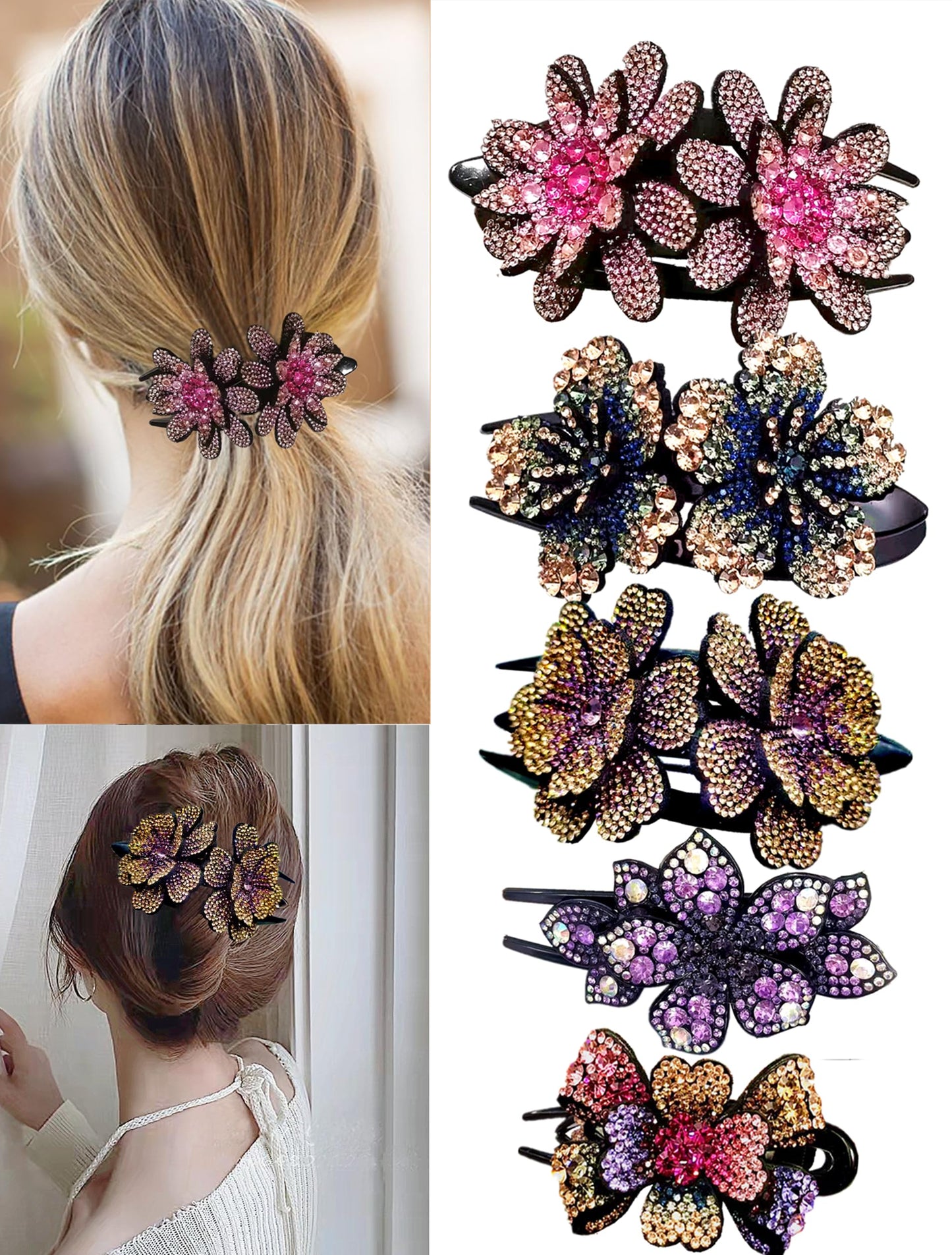 5 Pcs double flower decorative jeweled rhinestone hair clip pretty fancy floral thick crystal hair clips for women beautiful fashion designer asian