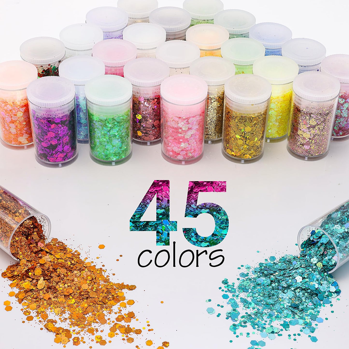 45 Holographic Chunky Sequins & Fine Powder Glitter Mix, Iridescent Glitter Flakes for Face, Body, Eye, Nail Art & Resin Epoxy