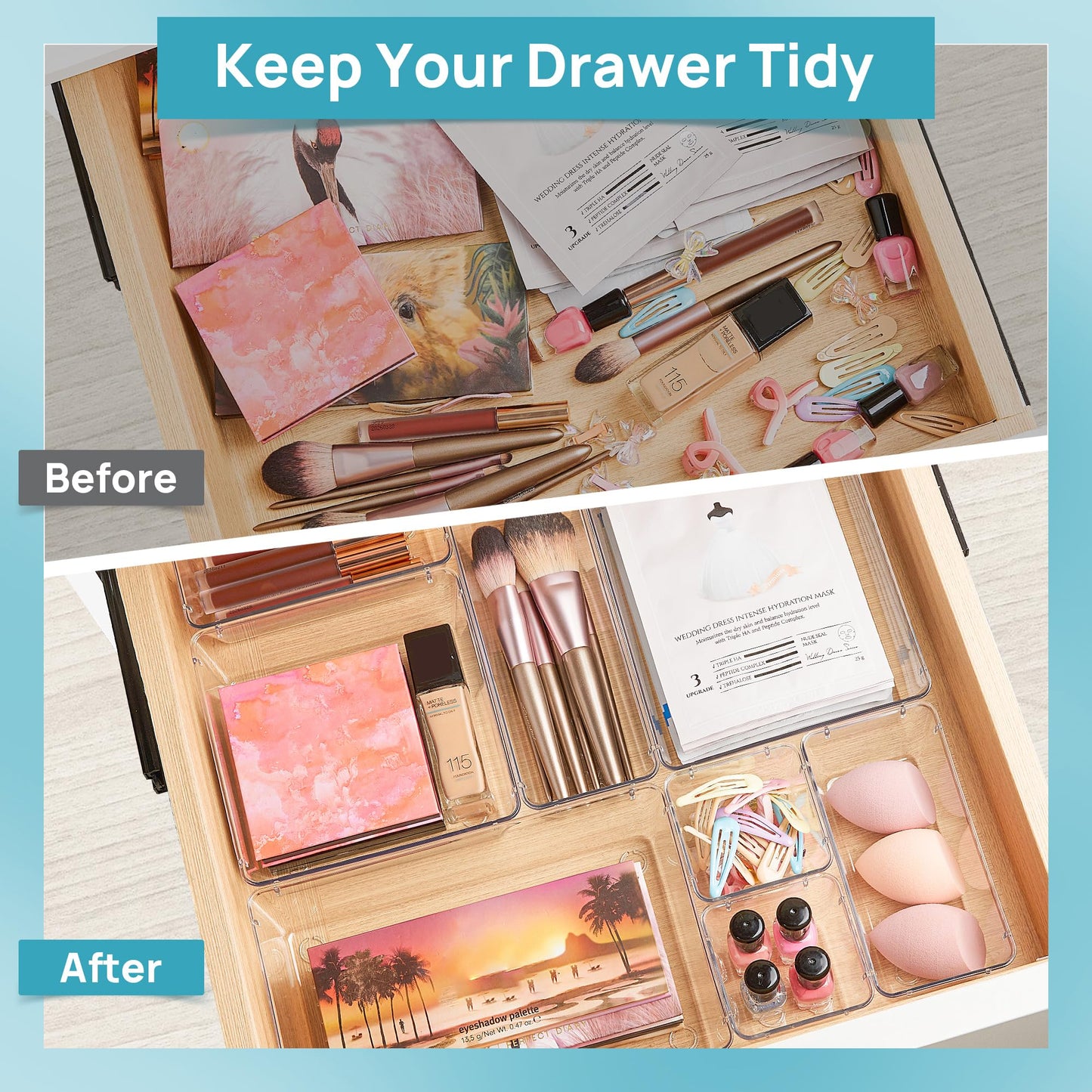 Vtopmart 25PCS Clear Drawer Organizer Set – 4 Sizes for Bathroom, Kitchen, Makeup, Utensils, Office & Vanity Storage Bins