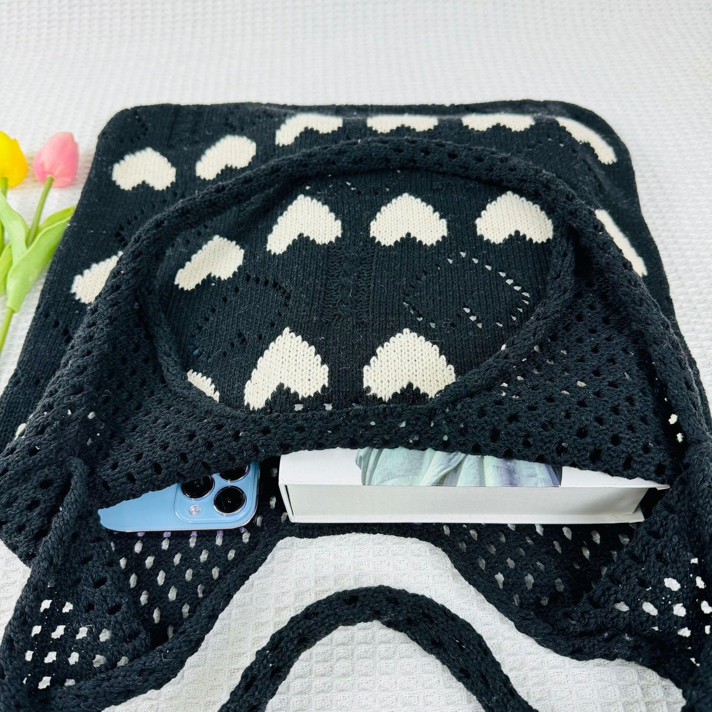 Pokn Heart Crochet Tote Bag Cute Purse for Women Cutecore Key Chain Y2K Accessories Valentines Aesthetic Handbags for Women (N-Black)