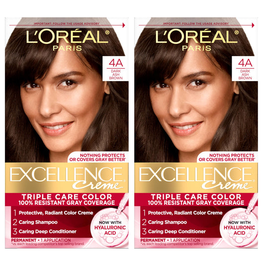 L'Oreal Paris Excellence Crème Permanent Hair Dye, Triple Care Hair Color with Pro-Keratine Complex for 100% Gray Hair Coverage, 4A Dark Ash Brown, 1