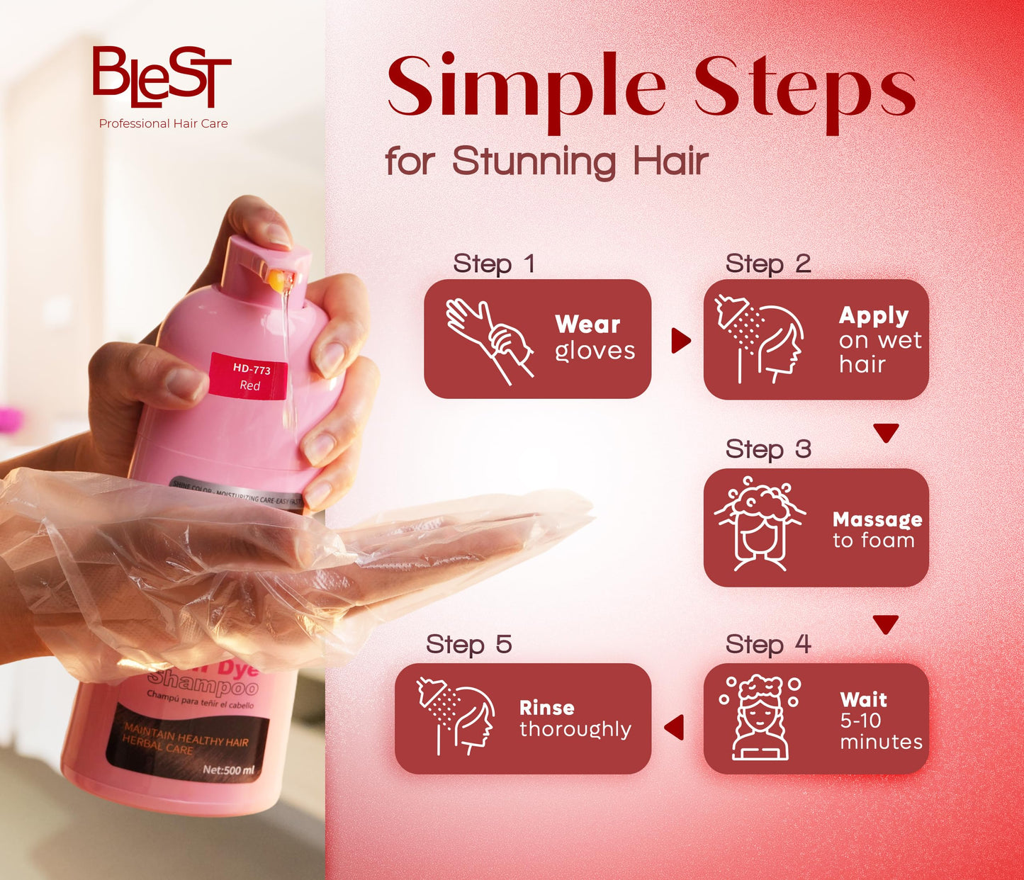 BLEST PROFESSIONAL HAIR CARE Hair Dye 2-in-1 Shampoo Color for Quick Gray Coverage - Semi Permanent Hair Color for Men and Women - 500ml (Red)