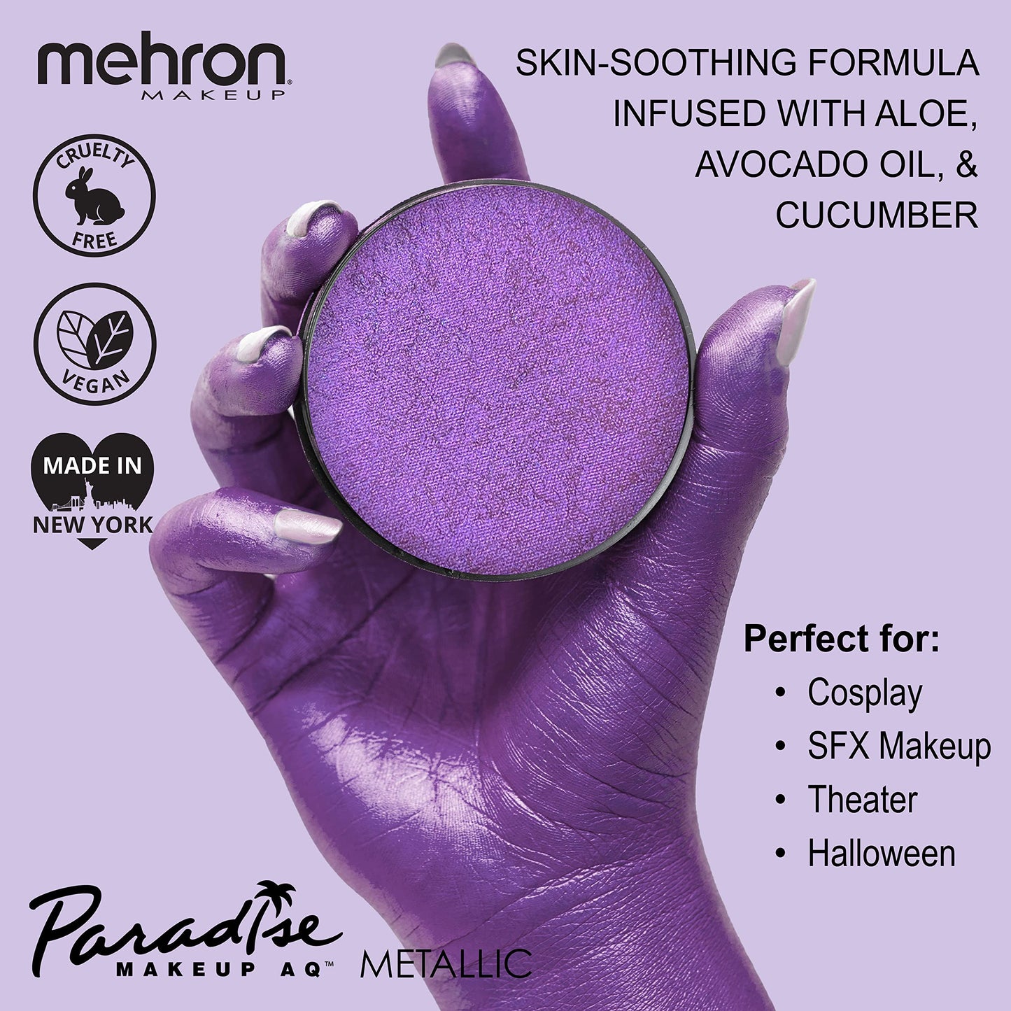 Mehron Paradise FX Metallics - Metallic Purple 1.4 oz | Professional Water Activated Shimmering Metallic Paint for Raves, Costumes, Special Effects