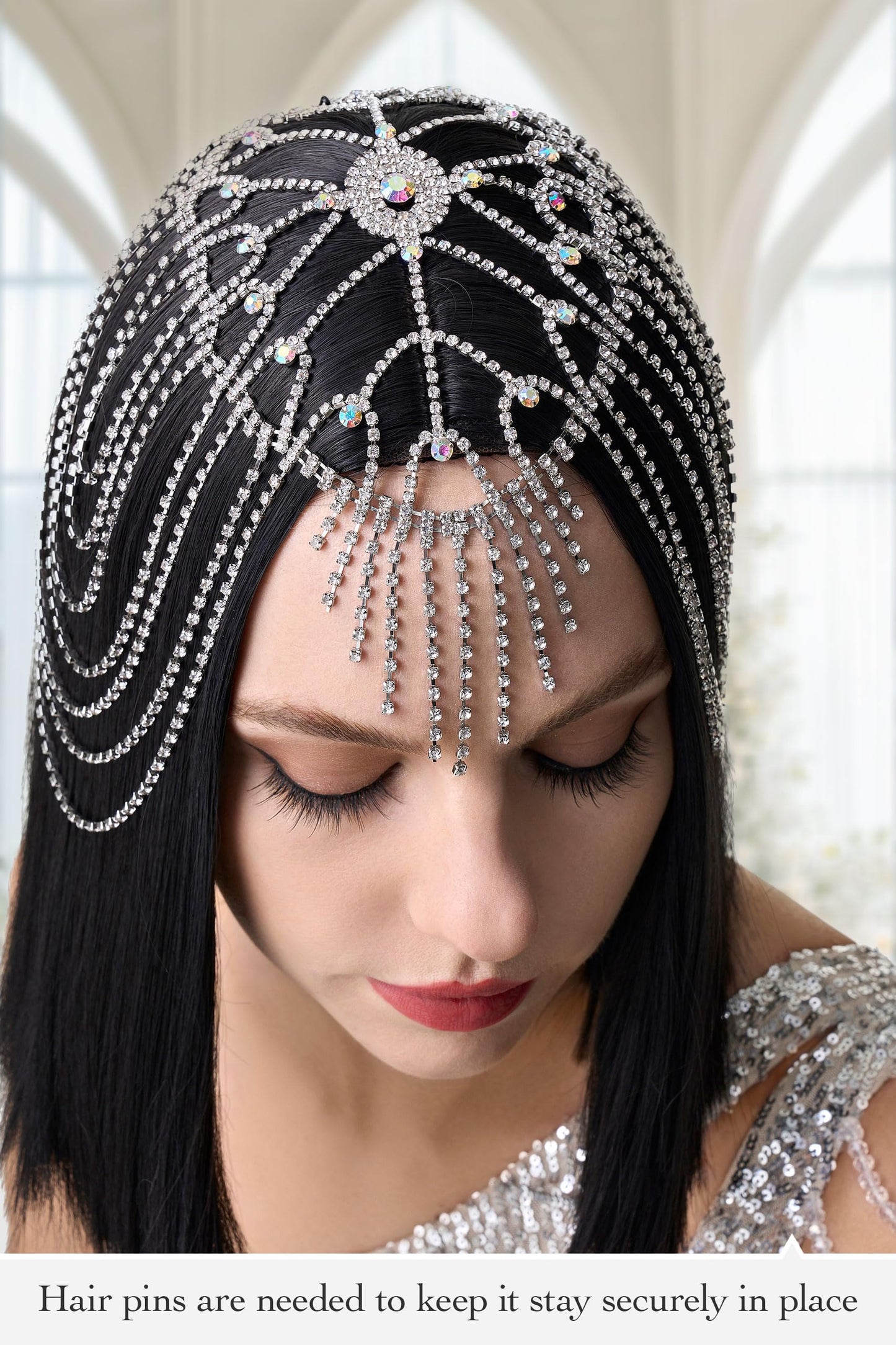BABEYOND Vintage Style Roaring 20s Crystal Rhinestone Flapper Cap Headpiece Head Jewelry Chains